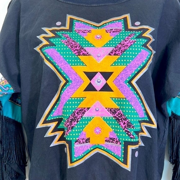 Hazelwood Southwest Fashion - Vintage 80s Black Aztec Fringe Sweatshirt Small - Picture 3 of 12